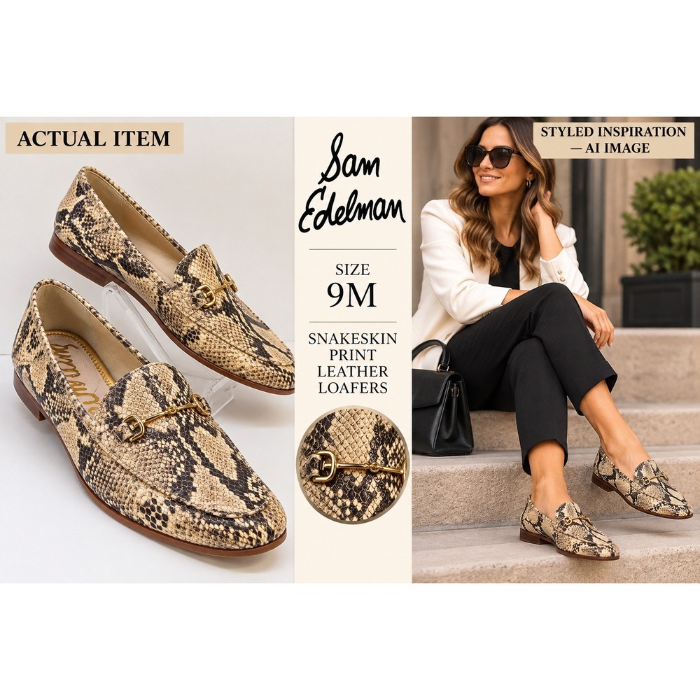 Sam Edelman Loraine Loafers Womens Bit Snakeskin Leather Beige 9M Excellent Chic